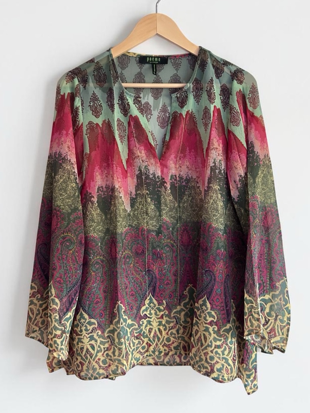 Poeme Citron Sz Large Paisley V-Neck Tunic Top Blouse Boho Airy